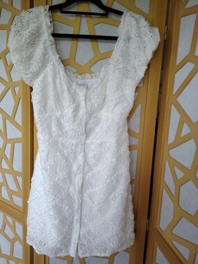 Le Lis White Floral Lace Top with Ruffled Neckline